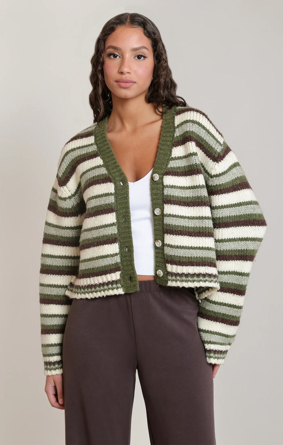 Dex / Striped Cardigan / Green/Brown/Cream