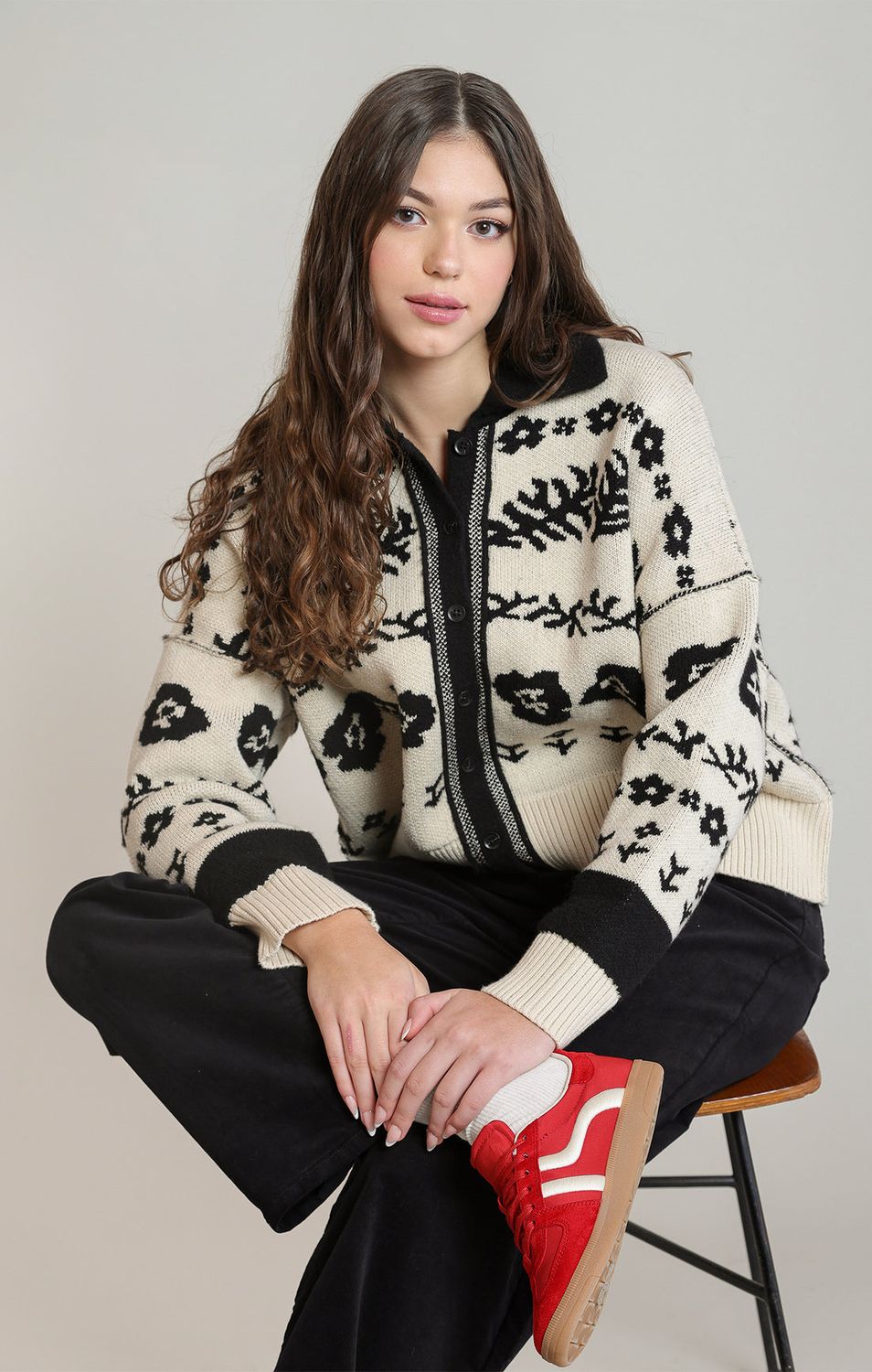Dex / Flower Jacquard Cardigan / Ivory/Black
