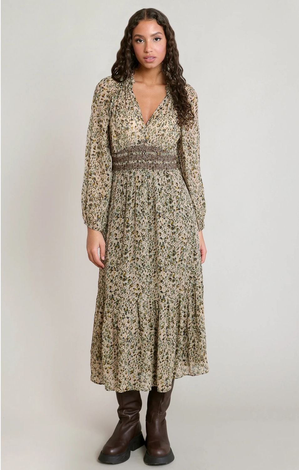 Dex / Smocking Waist Dress / Ecru Leopard