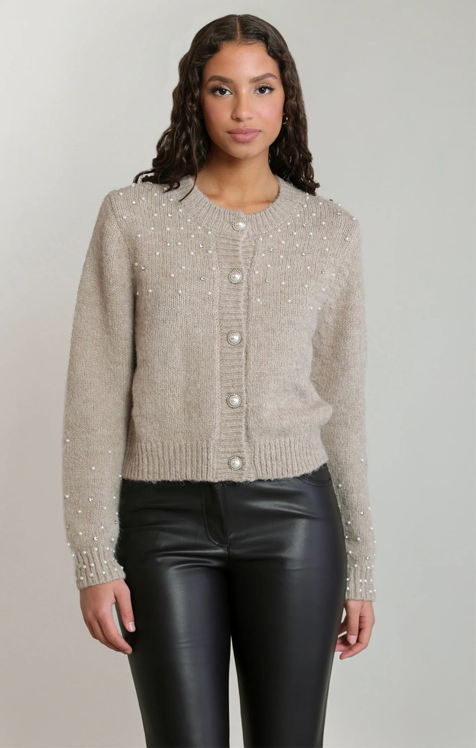 Dex / Embellished Crewneck Cardigan / Light Heather Taupe