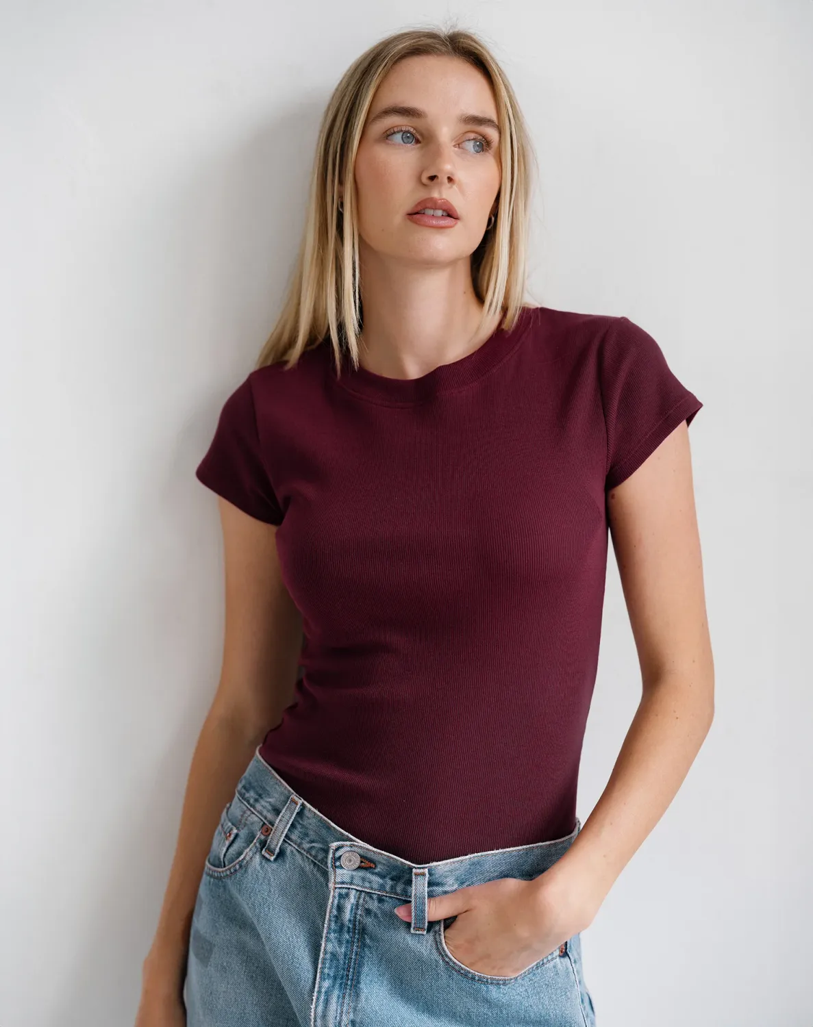 Brunette The Label/Ribbed Cap Sleeve Tee/Plum