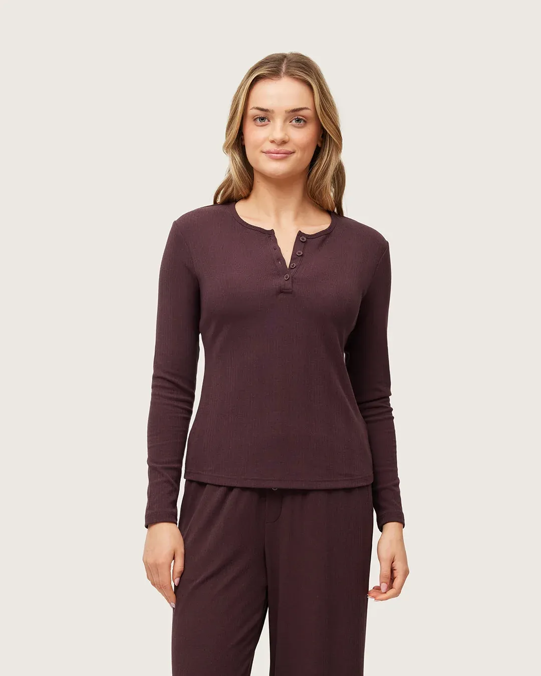 Boody/Airarib Long Sleeve Henley Top/Muleberry