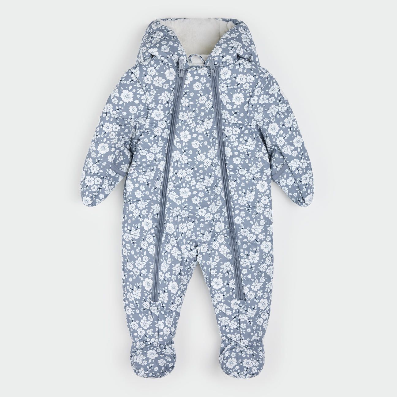 Petit Lem / Hooded Baby Snowsuit / Primrose Print on Slate