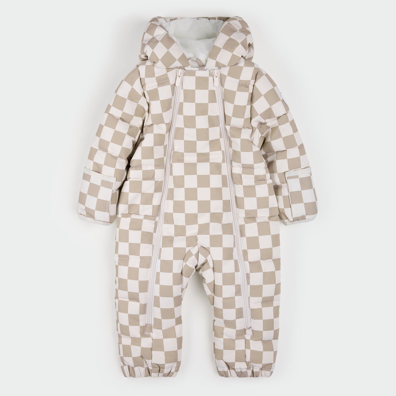 Petit Lem / Hooded Baby Snowsuit / Taupe Checkerboard