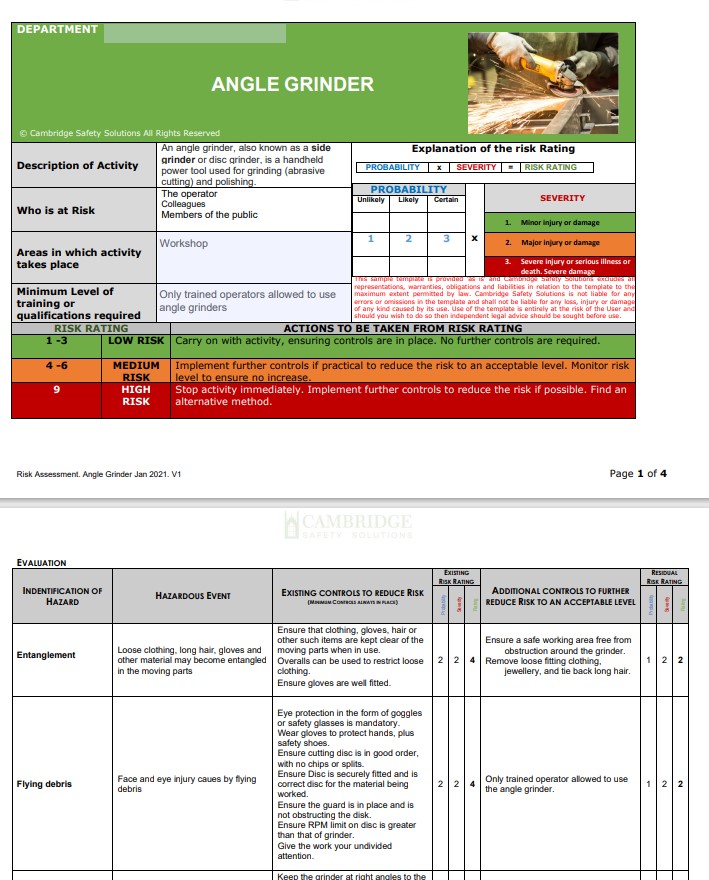 Angle Grinder Health & Safety Risk Assessment, Safe Operating Procedure & Toolbox Talk