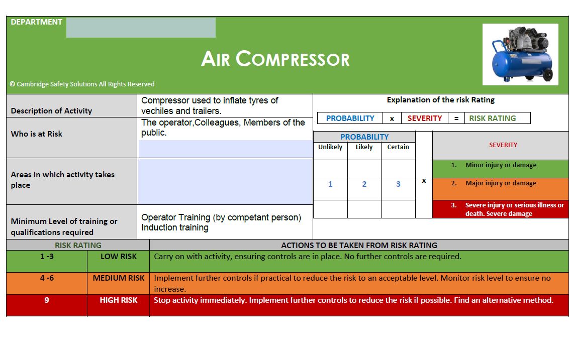 Air Compressor Risk Assessment UK, Safe Operating Procedure & Inspection Checklist