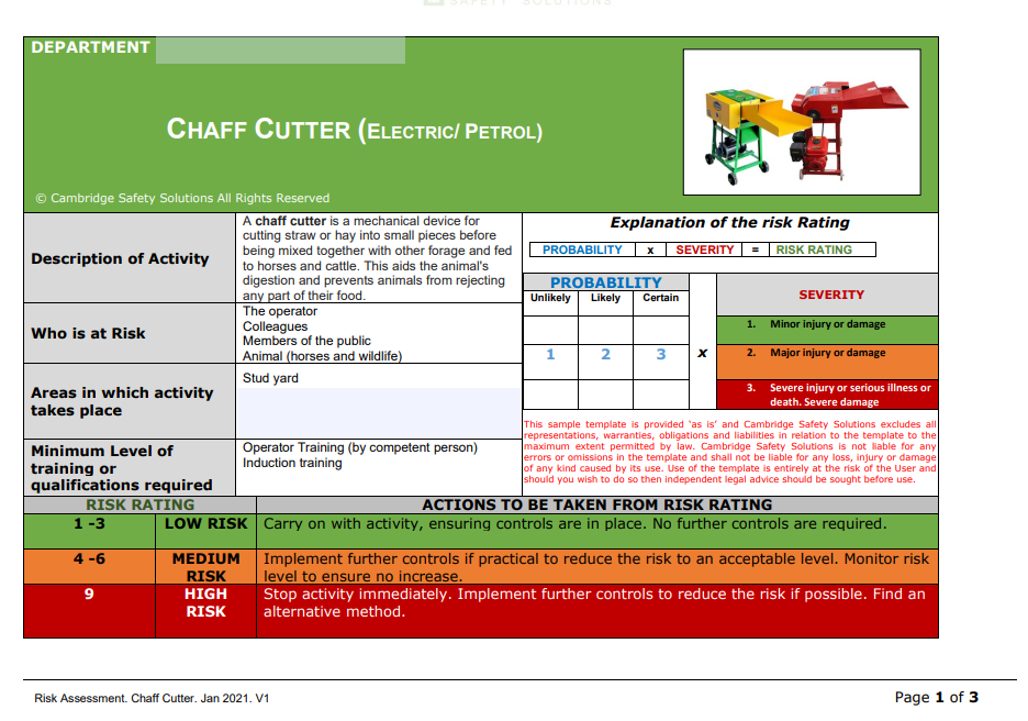Chaff Cutter (Electric/ Petrol) Risk Assessment and Safe Operting Procedure.