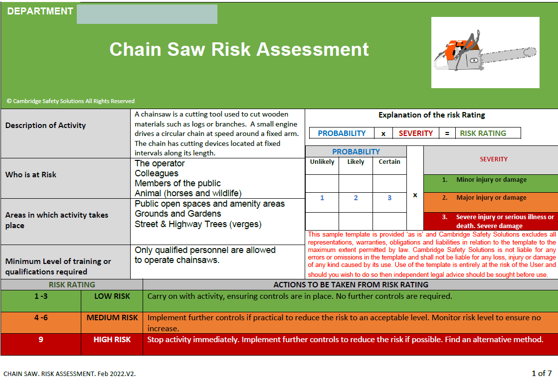 Chain Saw Risk Assessment Safe Operating Procedure and Toolbox talk
