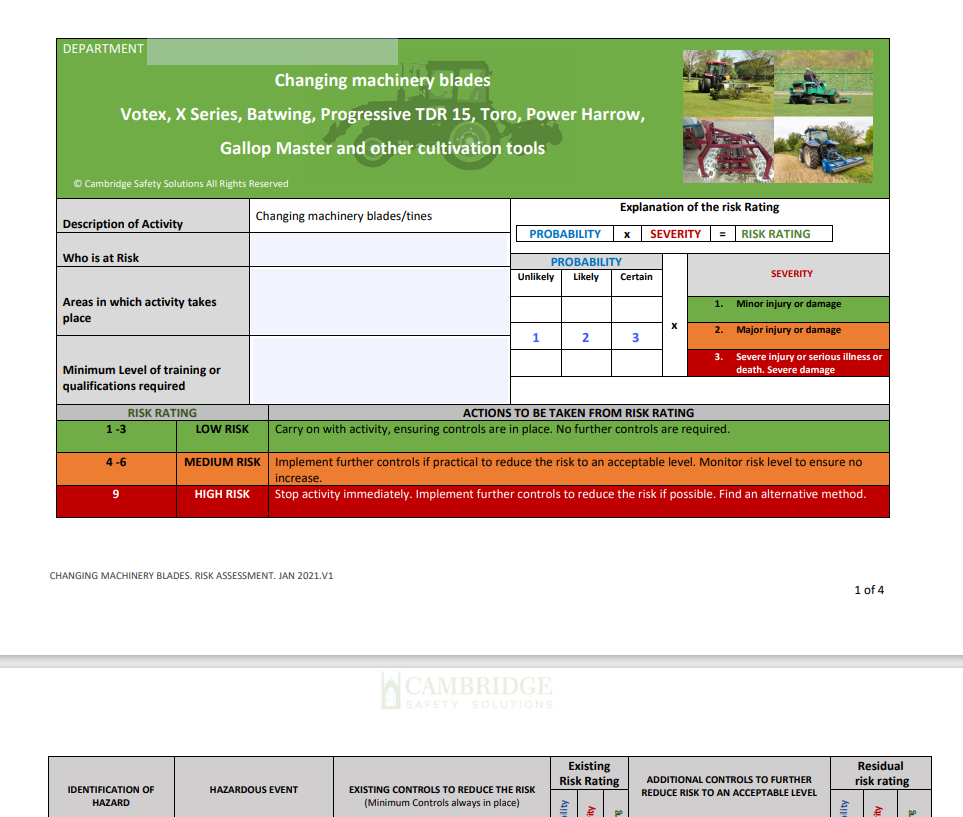 Changing Tines and Machinery Blades. 2 x  Risk Assessments