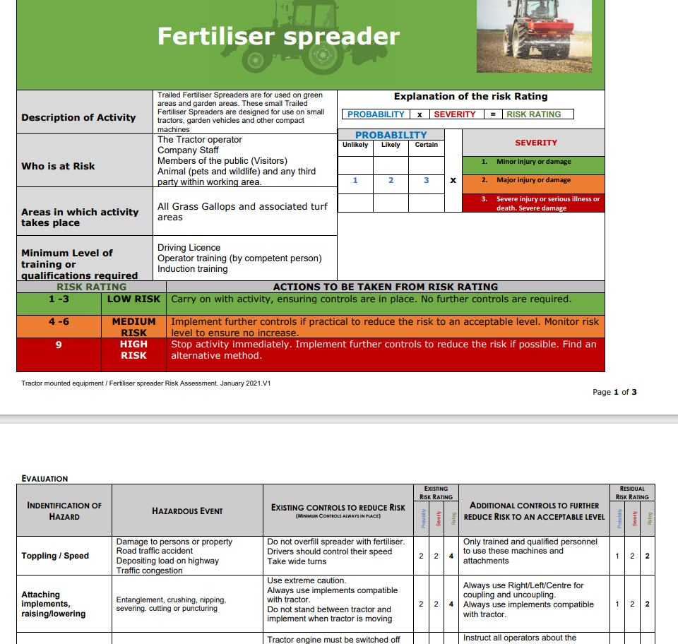 Fertiliser Spreader  and Filling the spreader( Tractor Mounted)  2 x Risk Assessments