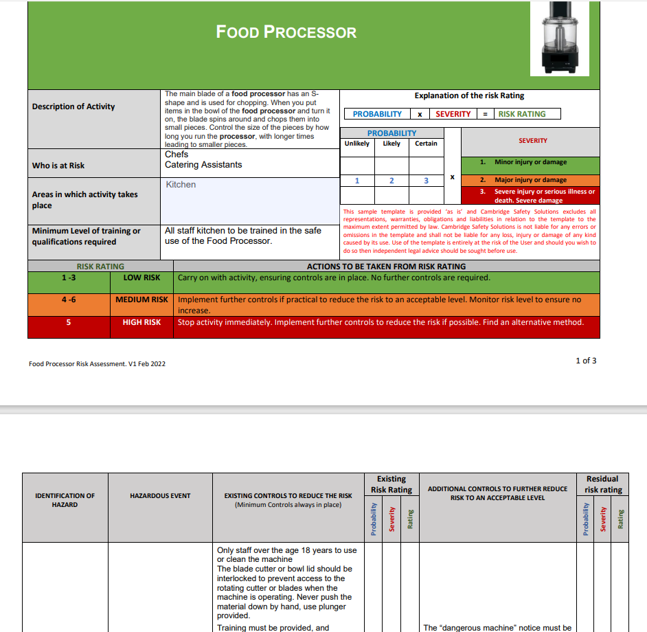 Food Processor Risk Assessment & Toolbox Talk