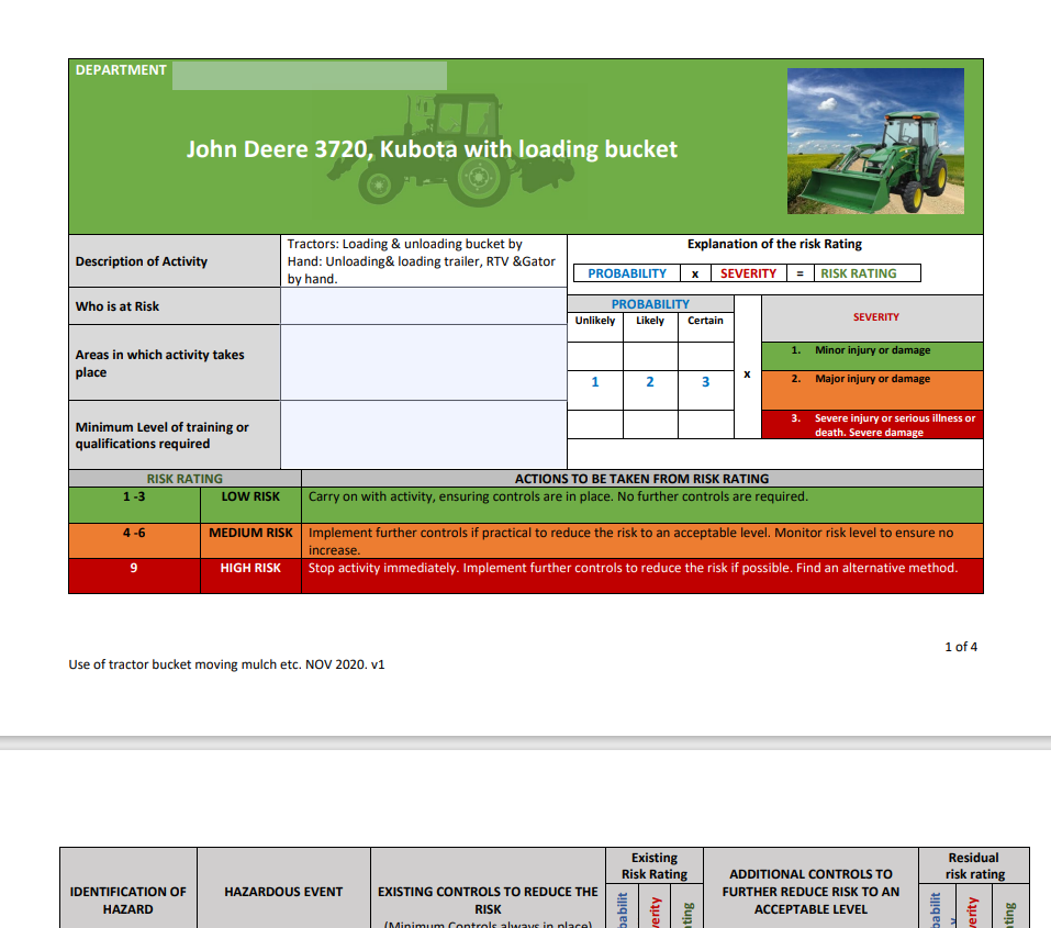 Tractor with front mounted loading bucket Risk Assessment