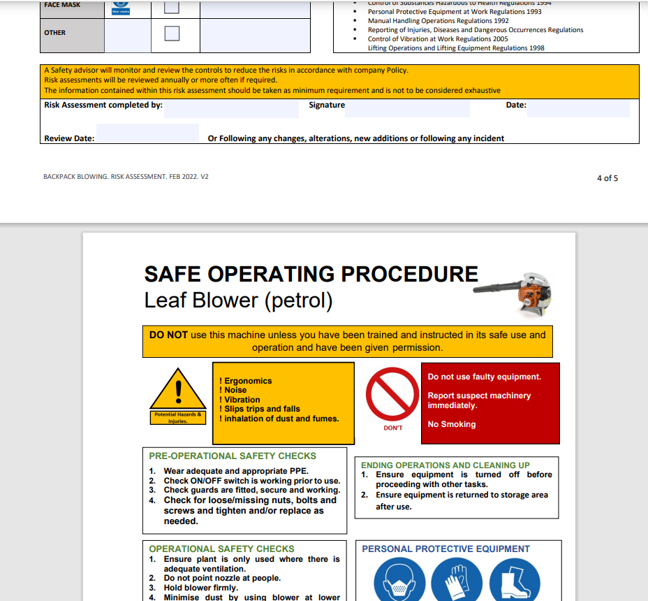 Leaf Blower Risk Assessment with Safe Operating Procedure and Toolbox Talk
