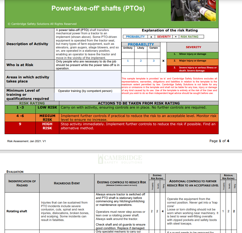 Power-take-off shafts (PTOs) Risk Assessment and Safe Operating Procedure
