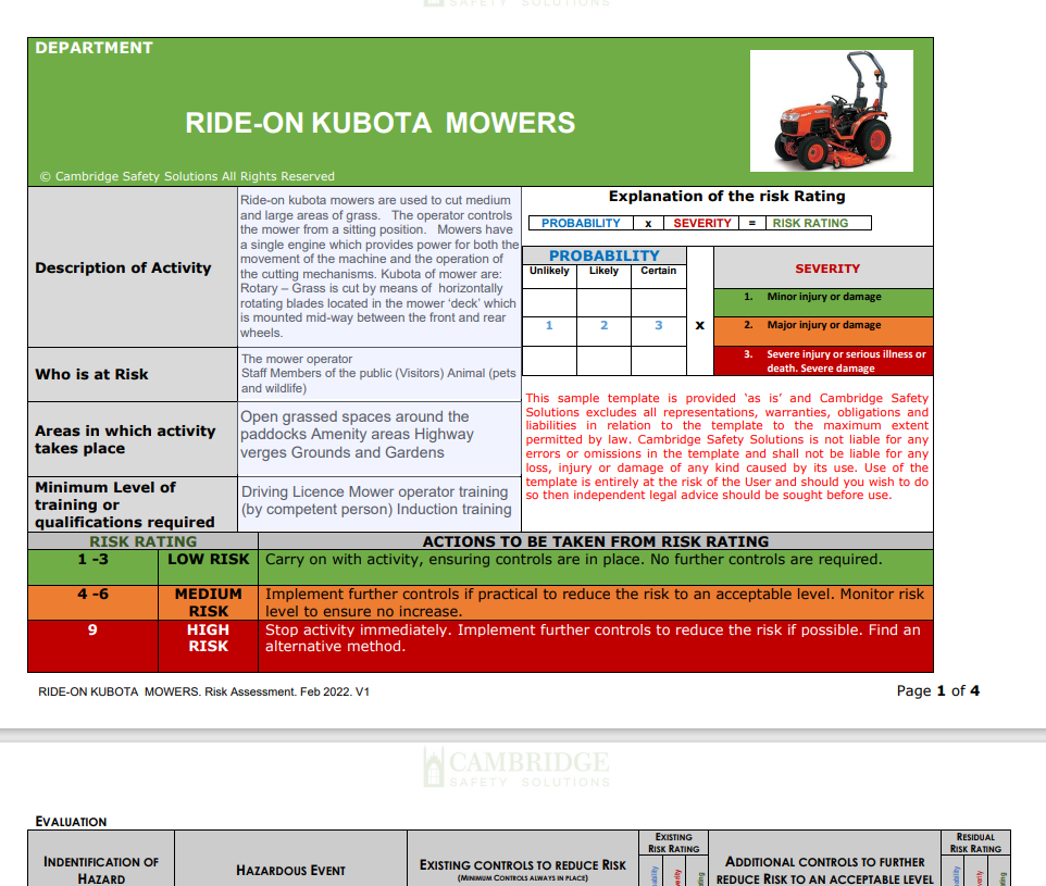 Ride-On Mowers 3 x Risk Assessments and Safe Operating Procedure