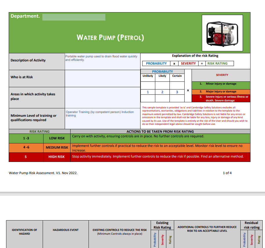 Water Pump (Petrol) Risk Assessment & Safe Operating Procedure