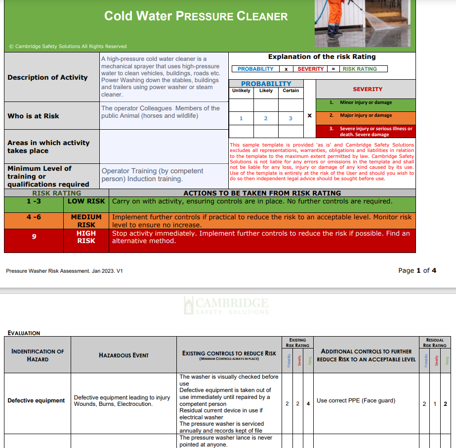 High Pressure Washer and Use Risk Assessment (Cold Water) with Safe Operating Procedure