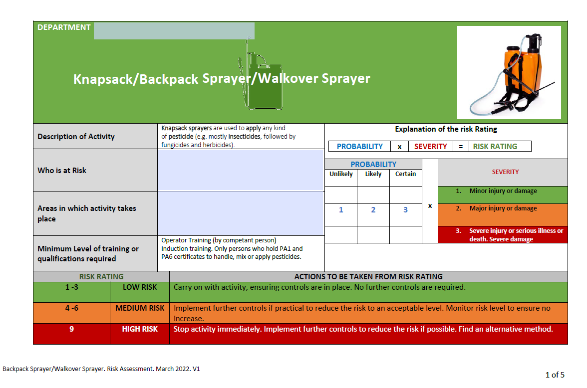 Knapsack (Backpack) Sprayer/Walkover Sprayer Risk Assessment and Safe Operating Procedure.