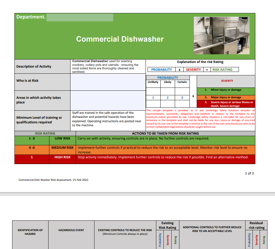 Commercial Kitchen Dishwasher Risk Assessment and 2 x COSHH Assessments