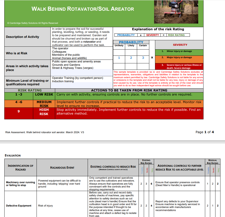 Walk Behind Rotavator/Soil Areator/Cutivator Risk Assessment and Safe Operating Procedure.