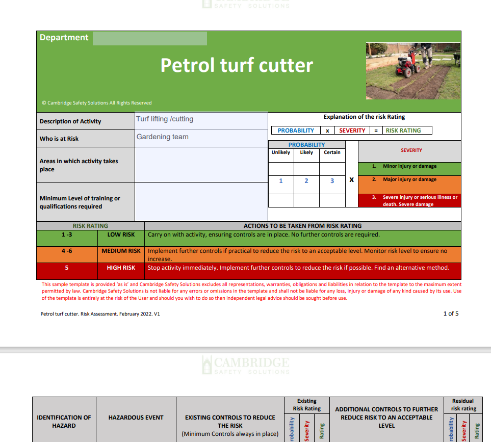 Turf Cutter (Petrol) Risk Assessment and Safe Operating Procedure