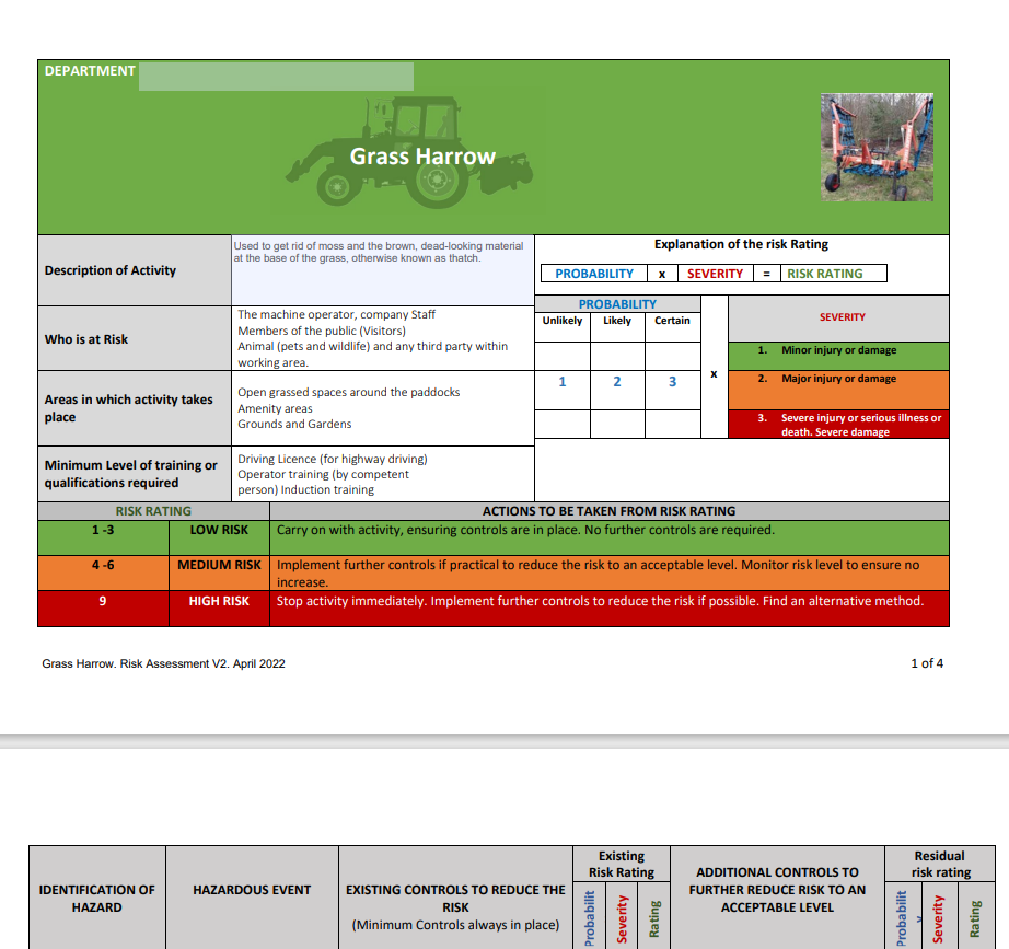 Grass Harrow/ Tine and Harrow/ Changing Tines and Blades Risk 3 x Assessments