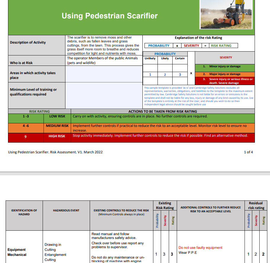 Pedestrian Scarifier Risk Assessment and Safe Operating Procedure
