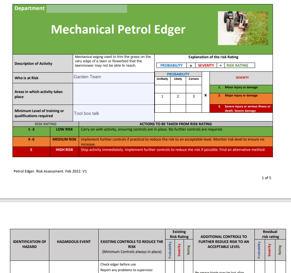 Mechanical Edger (Petrol) Risk Assessment