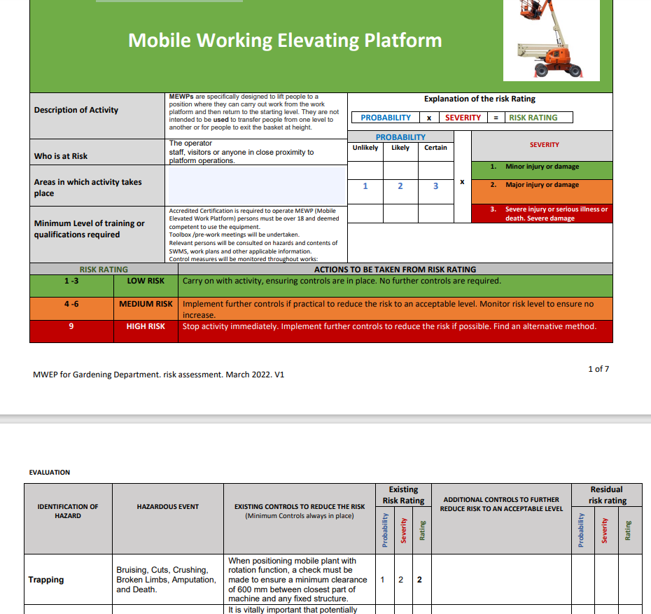 Mobile Elevating Working Platform Risk Assessment and Safe Operating Procedure