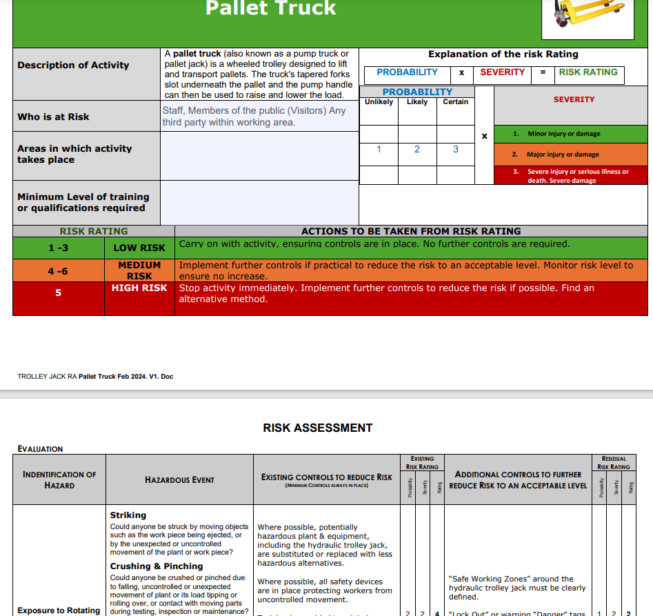 Pallet Pump Truck/Trolley   Risk Assessment and Safe Operating Procedure
