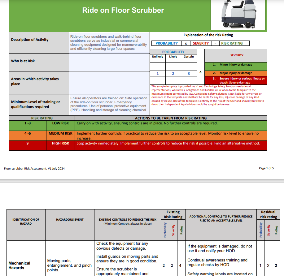 Ride On Floor Scrubber Risk Assessment with Safe Operating Procedure