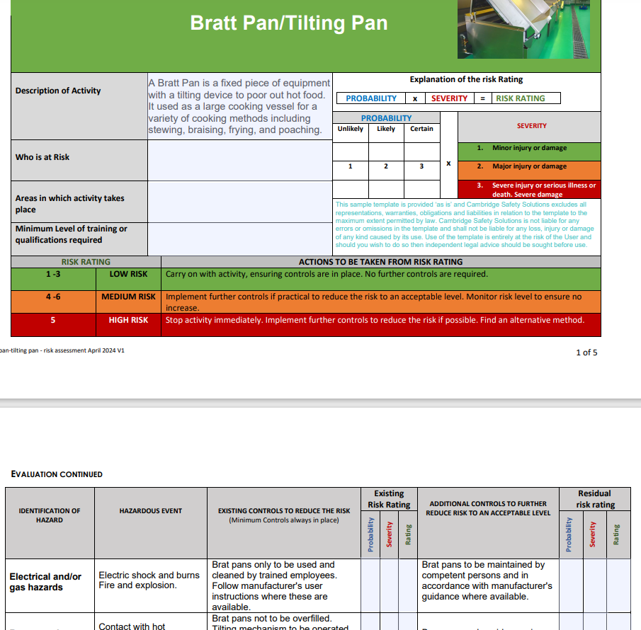 Bratt Pan/ Tilting Pan - Risk Assessment and Safe Operating Procedure