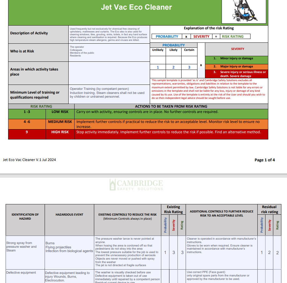 Steam Jet Vacumn industrial Cleaner - Risk Assessment and Toolbox Talk