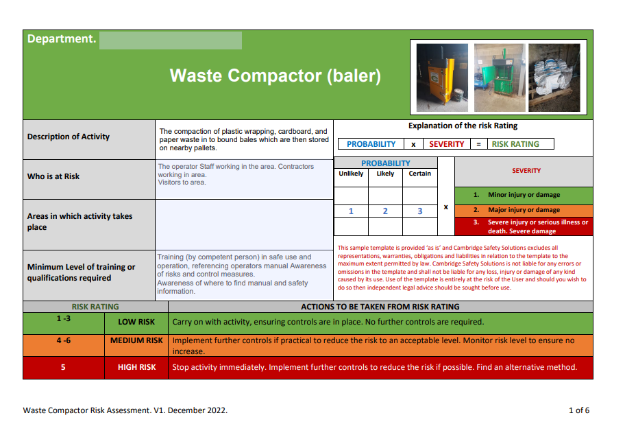 Waste Compactor & Baler Risk Assessment and Safe Operating Procedure