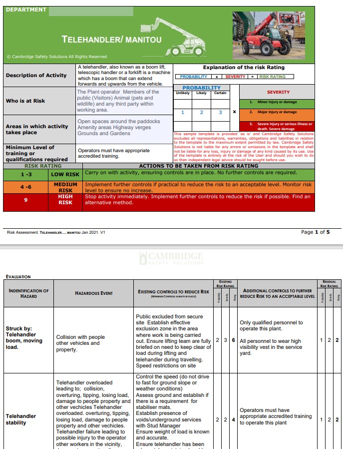 Telehandler Risk Assessment and Safe Operating Procedure
