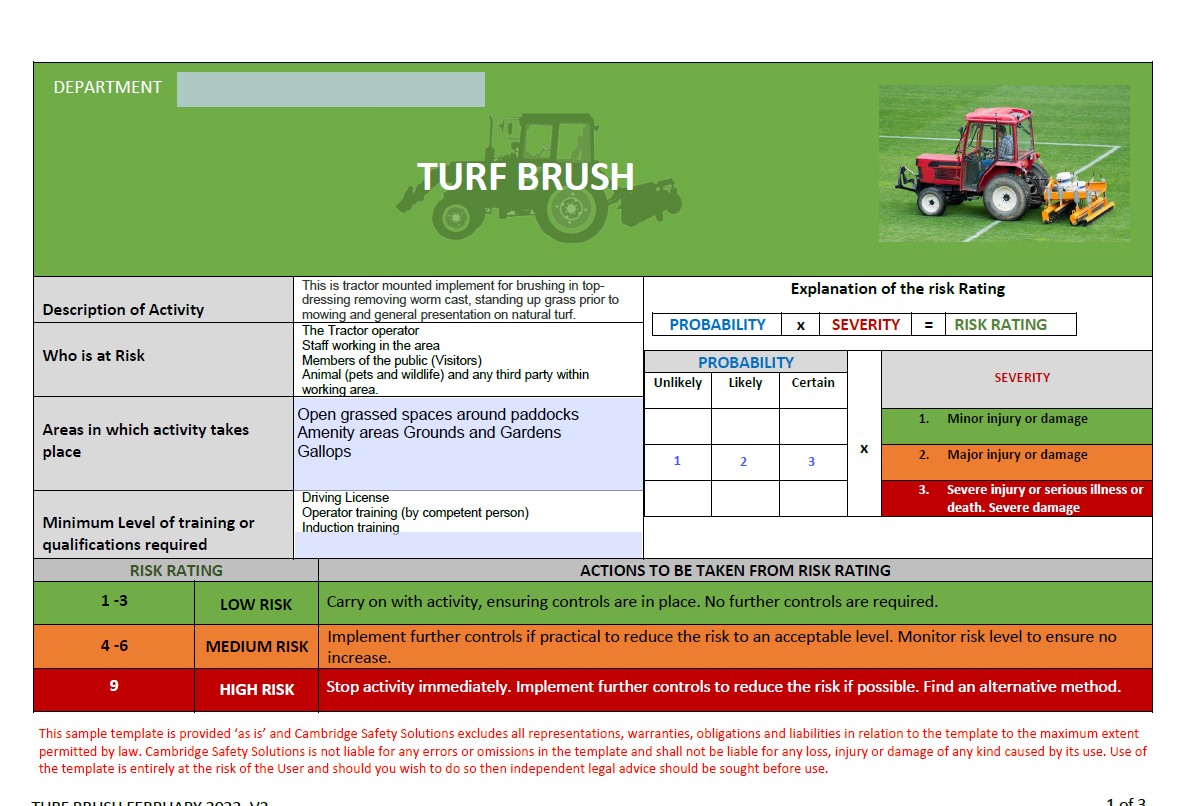 Tractor pulled. Turf Brush Risk Assessment