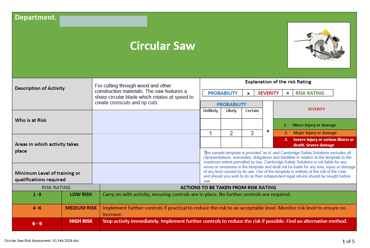 Circular Saw (Hand Held) Risk Assessment and Safe Operating Procedure.