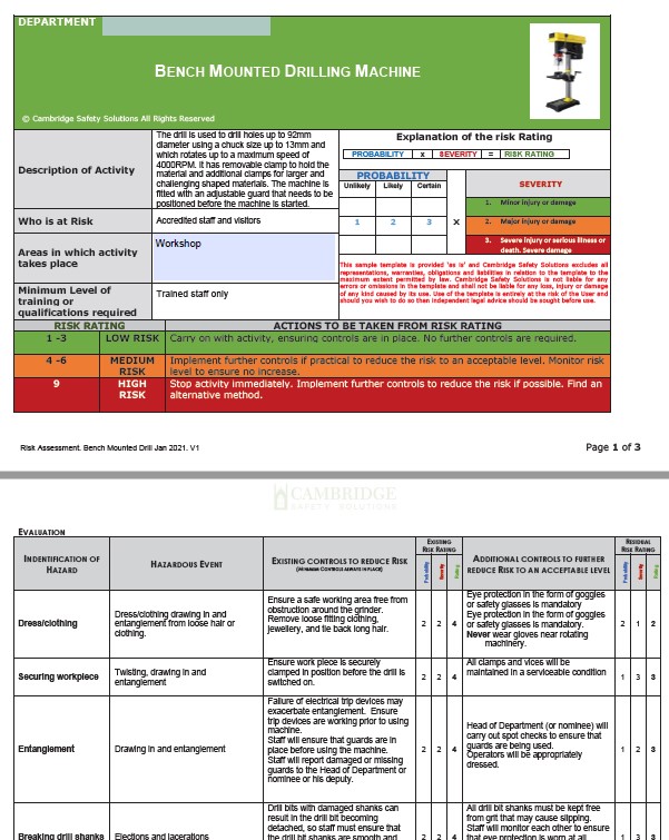 Bench Mounted Drill. Risk Assessment and Safe Operating Procedure