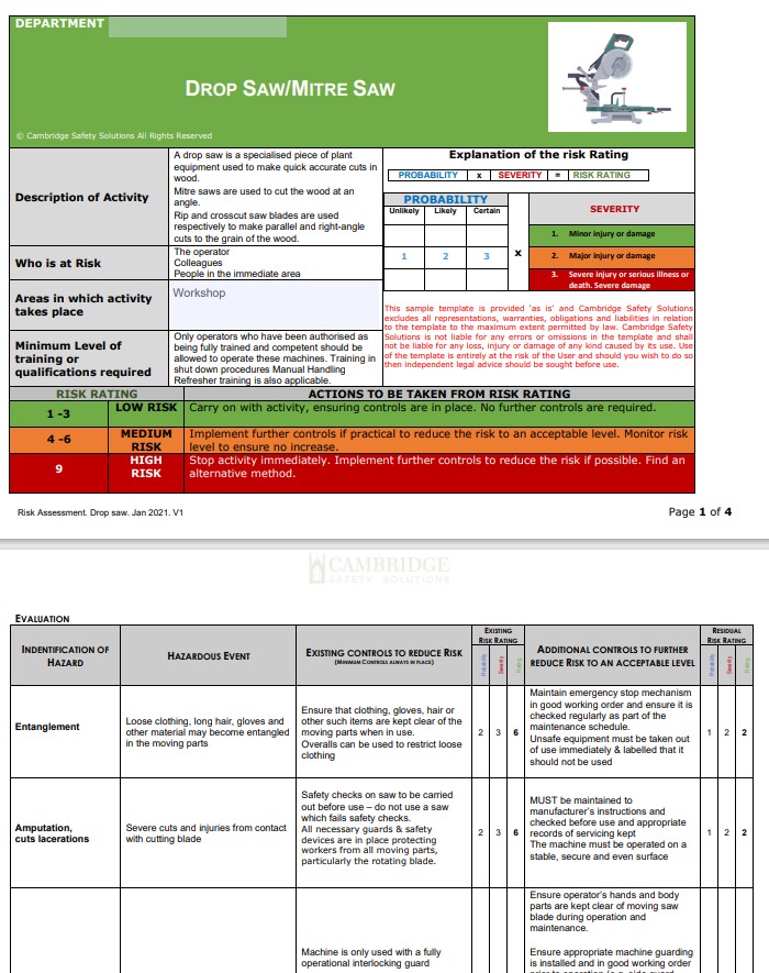 Drop Saw/ Mitre Saw. Risk Assessment and Safe Operating Procedure.