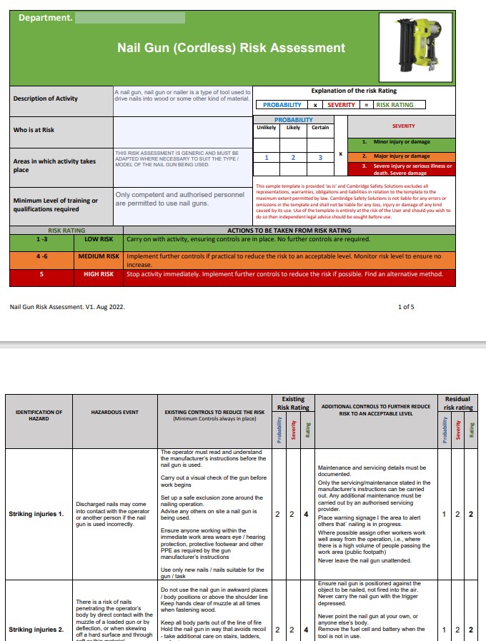 Nail Gun Risk Assessment and Safe Operating Procedure (Free Download)