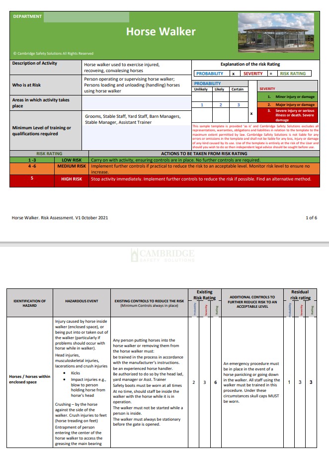 Horse Walker Risk Assessment and Horse walker Maintenance Risk Assessment.