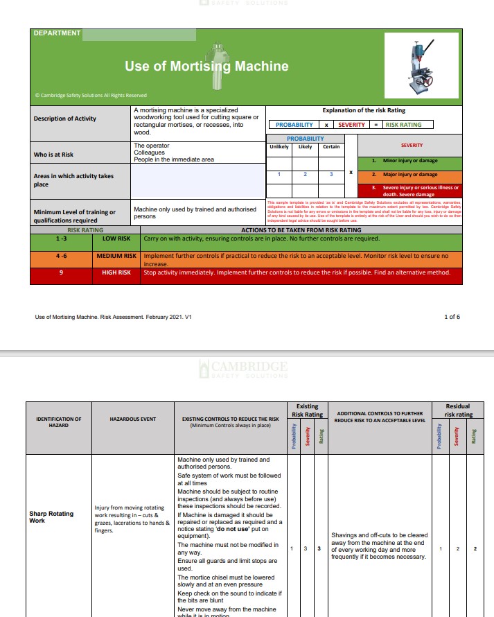 Mortising Machine. Risk Assessment and Safe Operating Procedure