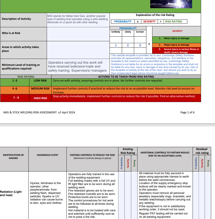 Welding Stick and Mig Risk assesment and Safe Operating Procedure