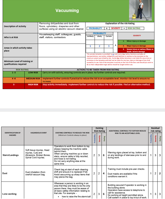 Vacuum Cleaning Risk Assessment and Safe Operating Procedure