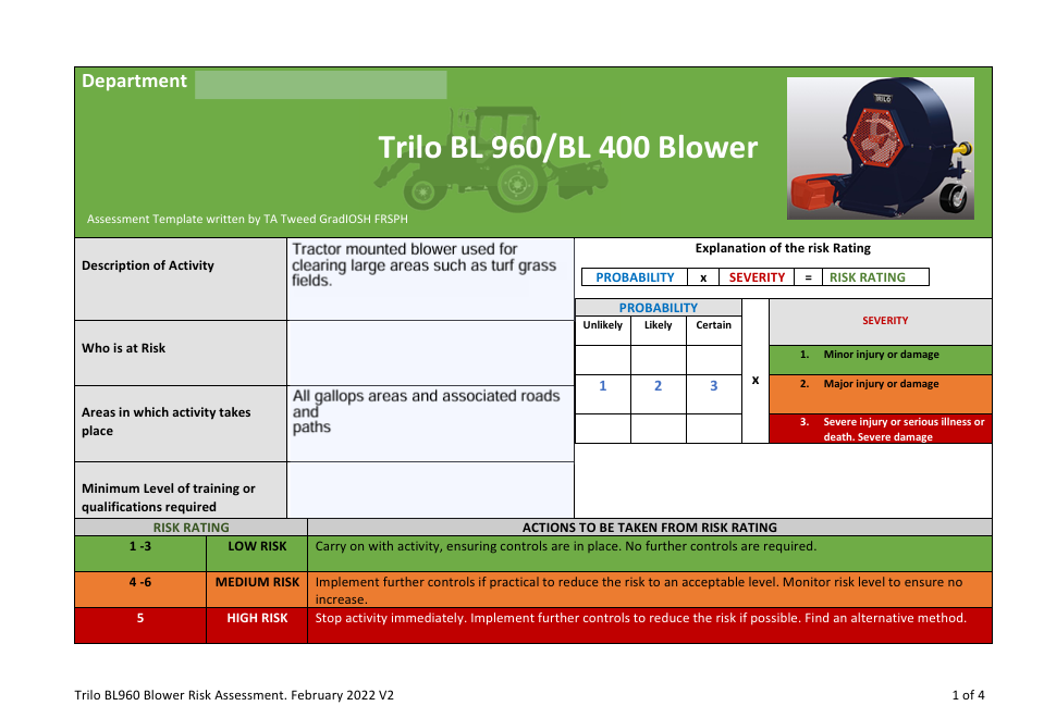 Tractor mounted leaf blower. Trilo BL 960/BL 400 Blower Risk Assessment