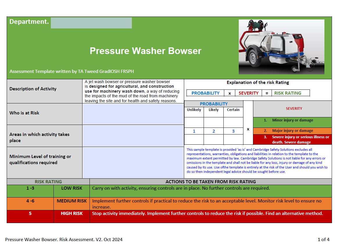 Bowser Pressure Washer Risk Assessment with Safe Operating Procedure & Toolbox Talk