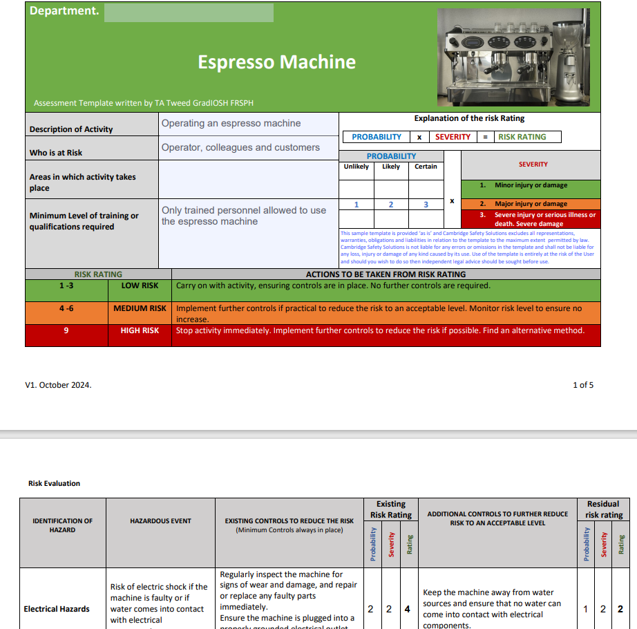 Espressso Machine Risk Assessment and Safe Work Procedure