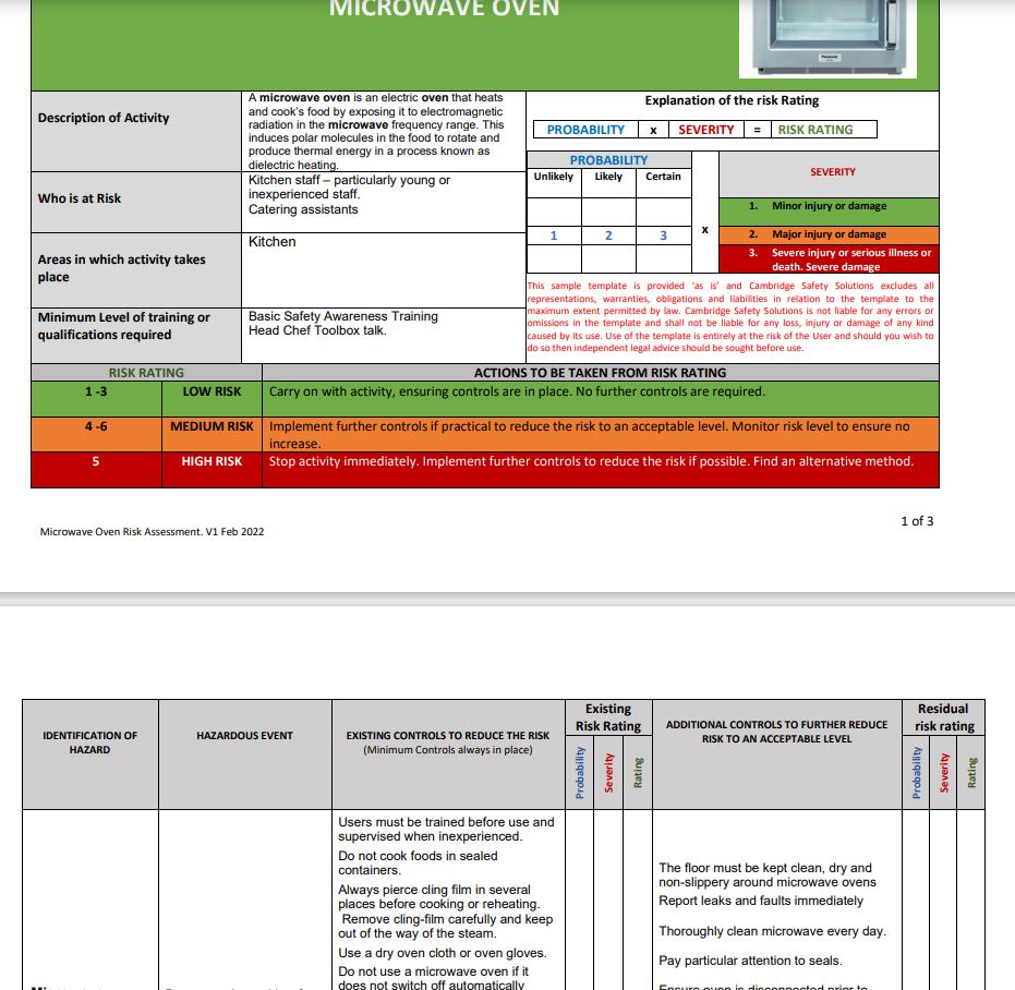 Microwave Oven Risk Assessment and Safe Operating Procedure