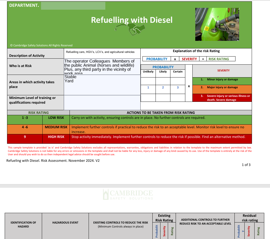 Refuelling with Diesel Risk Assessment and Safe Operating Procedure.