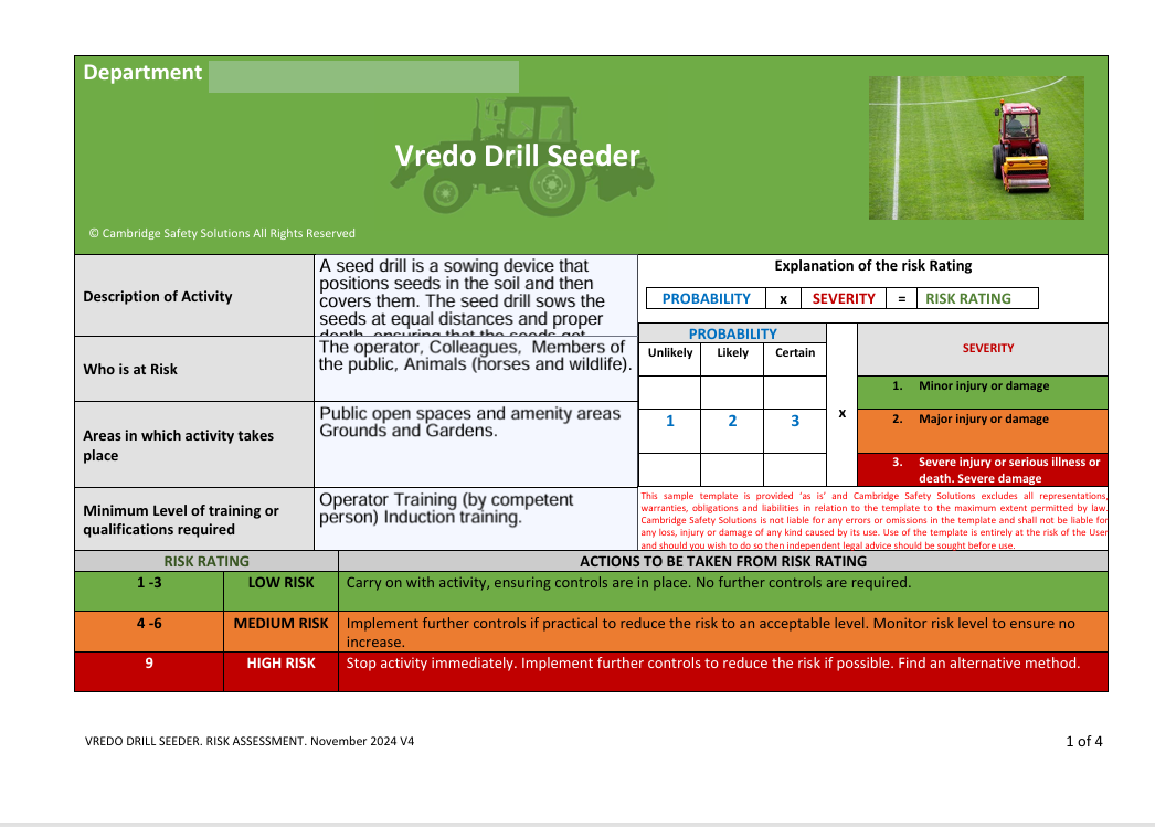 Vredo Drill Seeder Risk Assessment